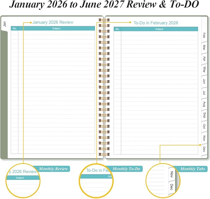 2026-2027 Monthly Planner - January 2026 - June 2027, Two Pages Per Month, 18 Monthly Calendar/Planner with Tabs, Inner Pocket, 6.4" x 8.5", Cyan