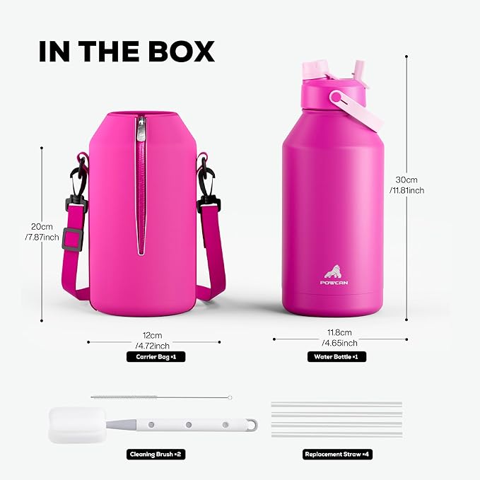 POWCAN 64 oz Insulated Metal Water Bottle for Women: 2-in-1 Straw & Spout Lid, Keep Cold 48H, Leakproof, Carrier Bag, Half Gallon Stainless Steel Water Bottle for Sports, Travel, and Fitness (Peony)