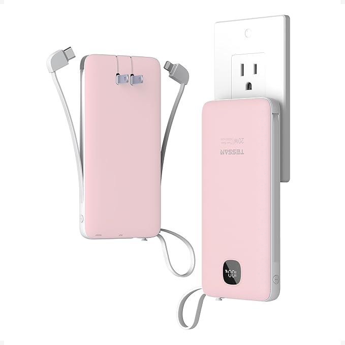 Portable Charger with Built in Cables,TESSAN 10000mAh Power Bank Fast Charging with Foldable Wall Plug Charger, PD20W Compact Battery Pack Travel Essentials for iPhone 17/16/15 Series,Samsung,Tablets