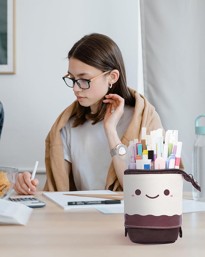 Sooez Standing Pencil Case, Cute Stand up Pencil Pouch, Telescopic Pen Pouch, Portable Pencil Holder, Cute Stand up Pencil Case, Spacious Pencil Pouch Bag for School Office Supplies, Brown Coffee