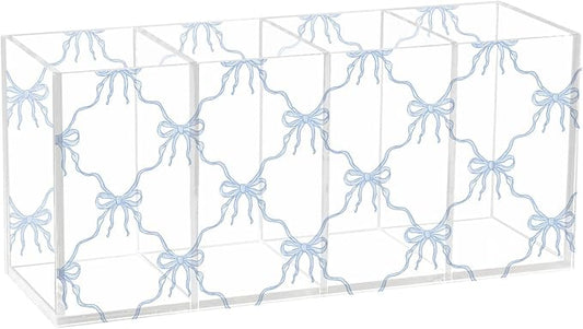 Aslsiy Cute Blue Coquette Bow Pen Holder White 4 Compartments Acrylic Pencil Holder Clear Makeup Brush Holder Desk Organizer Office Supplies