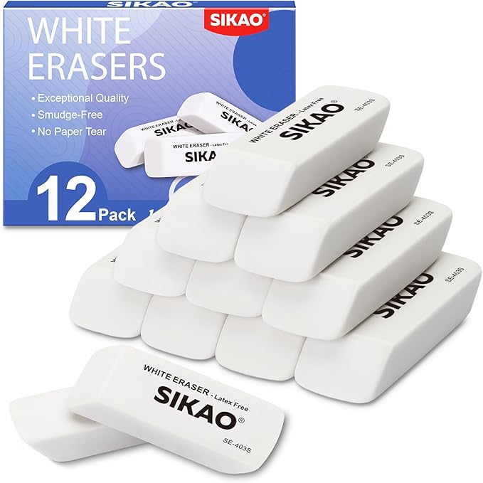 White Erasers, 12 Pack Pencil Erasers for Kids – Latex-Free & Smudge-Free Beveled Rubber Erasers for School Supplies, Classroom, Tests & Homework