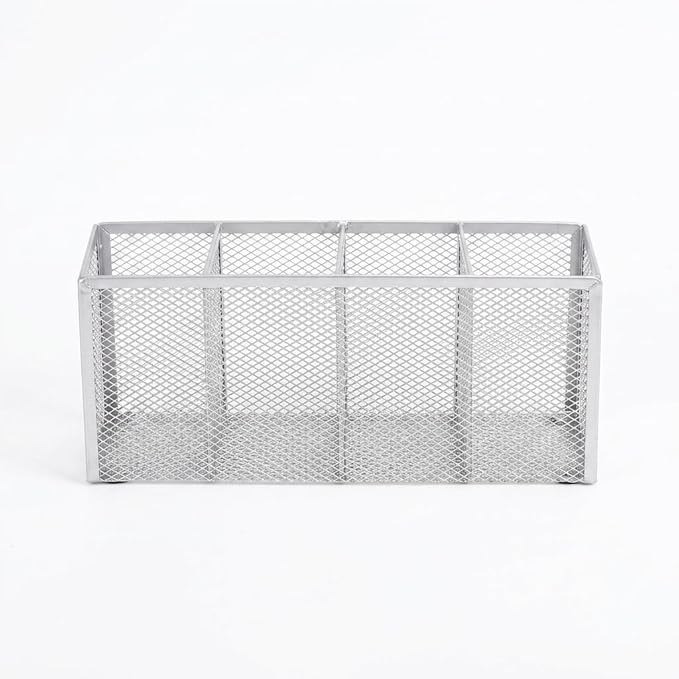 Metal Pen Holder, Pencil Holder 4 Compartments, Mesh Pen Storage Pencil Organizer Cup Makeup Brush Holder for Office Desk Accessories, Silver