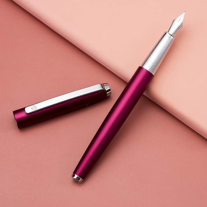 HongDian 525 Purple Red Metal Fountain Pen, Extra Fine Nib Classic Pen Includes Metal Pen Case and Refillable Converter
