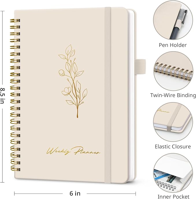 Undated Weekly Planner, Weekly To Do List Notebook with Goal & Habit Tracker Organizer, A5 Weekly Planner Notebook with Spiral Binding, 6.1" x 8.2" - Beige