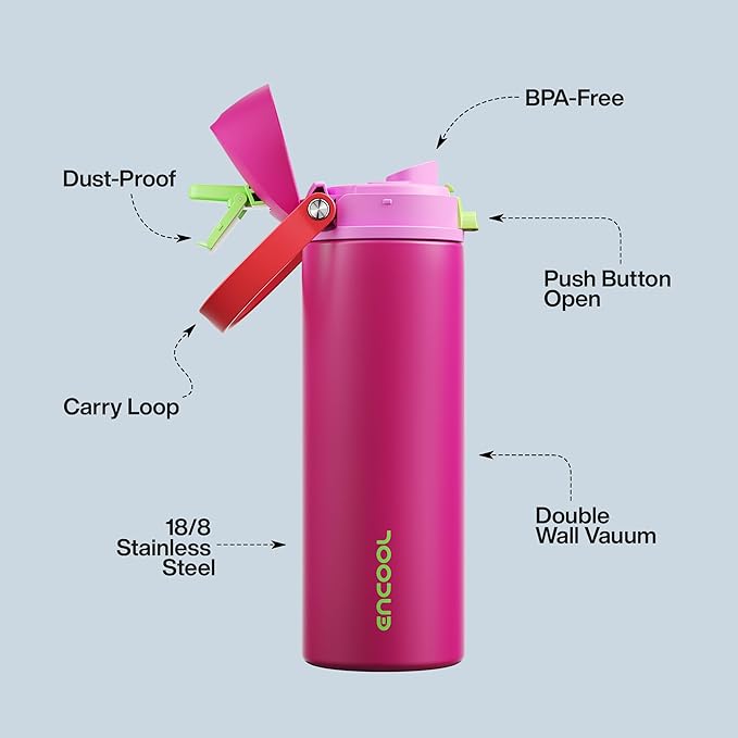 Insulated Water Bottle with Straw - Encool Stainless Steel Water Bottle with Push Button Lid, Leak-Proof & BPA-Free, Keeps Cold for 24 Hours for Sports, Travel, Gym (24 oz, Cerise Pink)