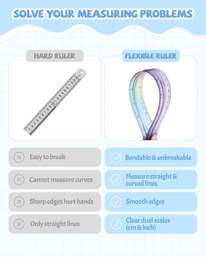 12 Inch & 6 Inch Flexible Ruler, Bendable Plastic Ruler, Soft Bendable Gradient Color Rulers with Centimeters and Inches for Student School Classroom Office Supplies