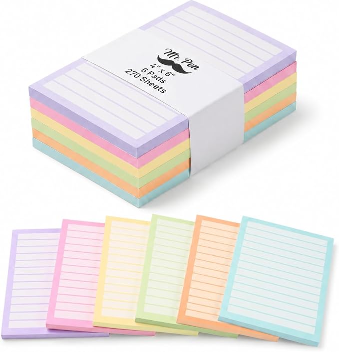 Mr. Pen- Lined Sticky Notes, 4" x 6", 6 Pads, 270 Sheets