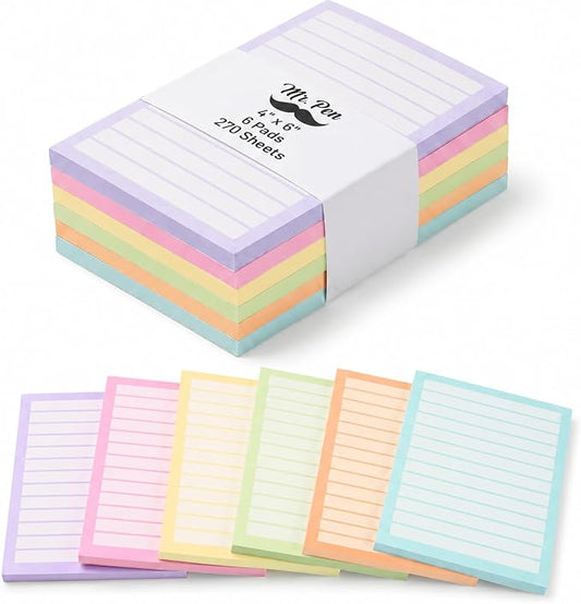 Mr. Pen- Lined Sticky Notes, 4" x 6", 6 Pads, 270 Sheets