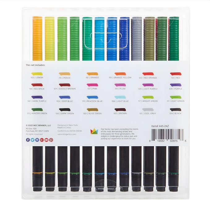KINGART PRO 445-24 Dual Twin-Tip Brush Pens, Multicolor, 24-Colors