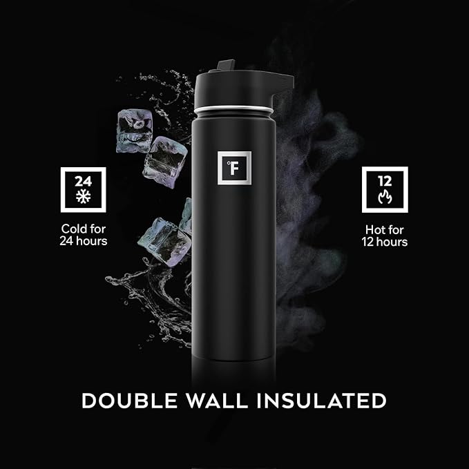 IRON °FLASK 40 oz Wide Mouth Water Bottle with Straw | Insulated Stainless Steel Sports Water Bottle with Leakproof Straw Lid - BPA Free, Cold 24 Hrs, Sweat Free (Midnight Black)