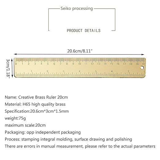 8 Inch Brass Ruler, Ideal for Carpenters, Sewers, Students, Modern Design, Solid Brass Construction
