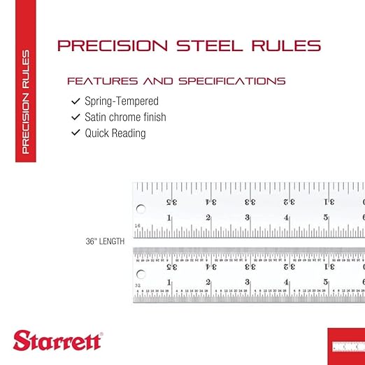 Starrett Spring Tempered Steel Rule with Satin Chrome Finish, Quick Reading, and Inch Graduation - 36" Length, 4R Graduation Type, 3/64" Thickness - C604R-36