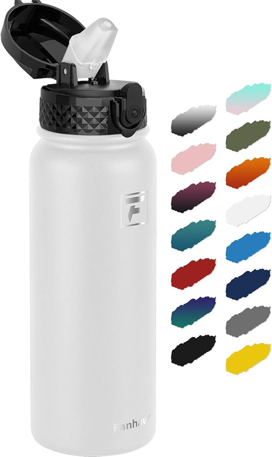 Fanhaw 20 Oz Kids Insulated Stainless Steel Water Bottle with Straw Lid, Leakproof & Anti-Dust Everyday Use Bottle for School, Women & Men, Back to School Essentials (White)