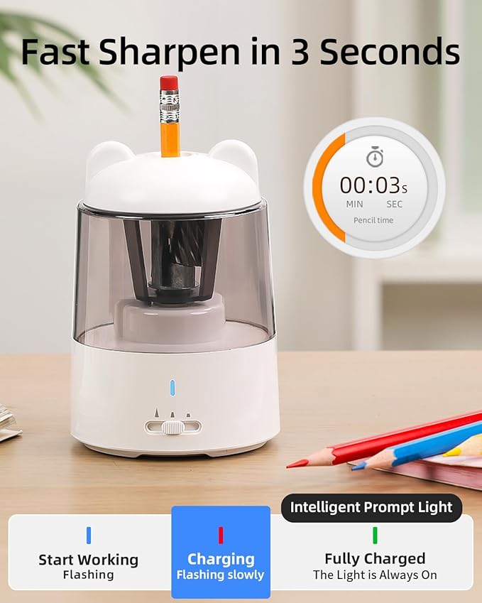 ZMOL Colored Pencil Sharpener, Rechargeable Electric Pencil Sharpener, Auto Stop, Pencil Sharpeners for Battery Powered Cute for Kids Gift No.2/Colored Pencils (6-8mm), Classroom/Office/Home White