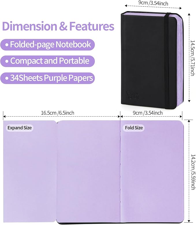 3.5x5.7inches Mixed Media Sketch Pad, 120GSM 32Sheets Folded Colored Paper Sketchbook for Drawing, Protable Hardcover Art Sketchbook for Painting, Writing, Journal.Purple