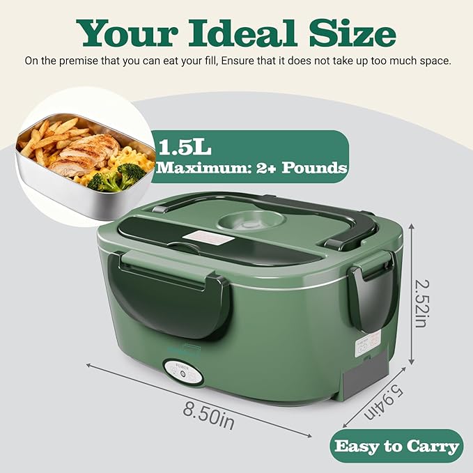 Buddew Electric Heated Lunch Box, 80W Fast Heating, 1.5L Food-Grade 304 Stainless Steel, 12V/24V/110V Portable Food Warmer for Car Truck Office Adults, Lonchera Electrica Portatil (Dark Green)