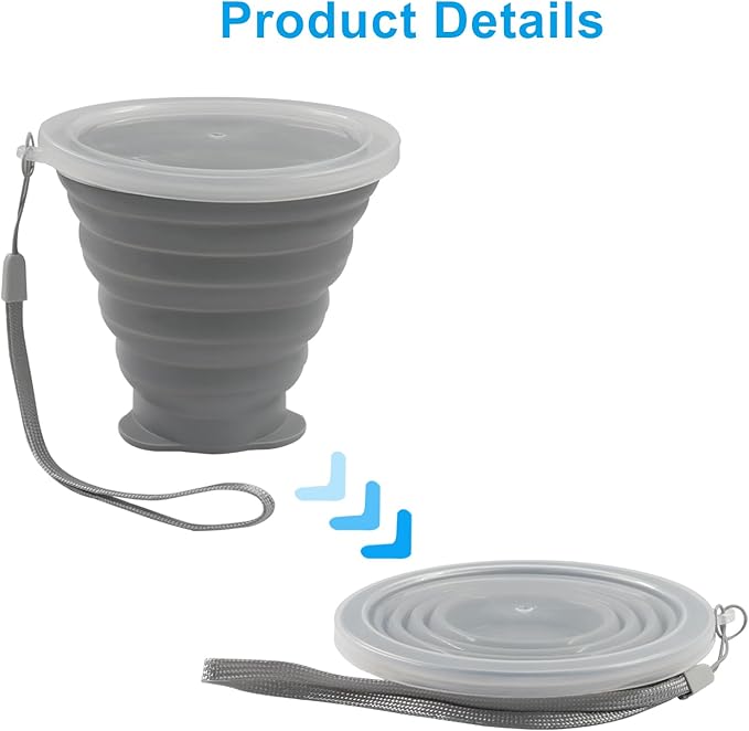 Bonsicoky 2 Pack Collapsible Cup, Folding Travel Mug with Lid, 270ml Portable Cup for Hiking, Camping, Outdoor & Daily Use, Green and Gray (Collapses to 0.55 Inch)