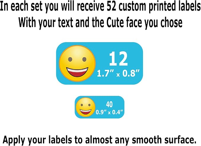 Personalized Labels - Cute Face Designs. 52 Custom Stickers for School, Daycare and Camp. Waterproof Name Labels Dishwasher and Microwave Safe, Machine Washable. (Cute Faces)