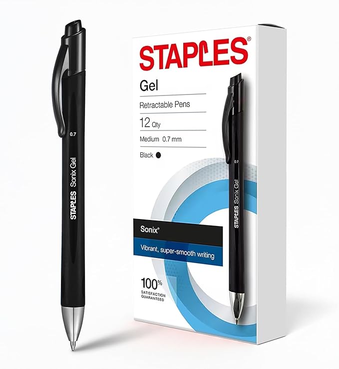 STAPLES Retractable Gel Pens, Medium Point 0.7mm, Black Ink, 12 Pack – Sonix Crisp‑Line Gel Pens with Pocket Clip
