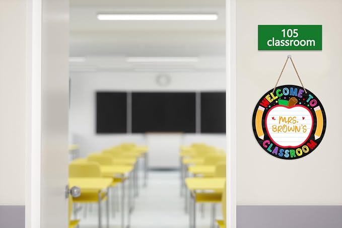 WaaHome Teacher Door Sign Personalized Teacher Name Sign for Classroom 11.3" Welcome Signs for Classroom Decorations, Back to School Classroom Door Hanger for Elementary Teachers Supplies