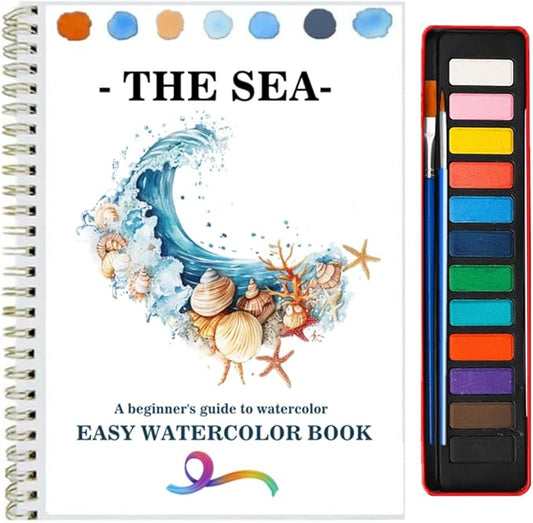 Watercolor Workbooks Coloring Book Easy Nature Scenes Beginner Friendly Watercolor Painting Set Art Crafts Painting Kit for Creative Exploration Gift for Adults Beginners (The sea, with Palette)