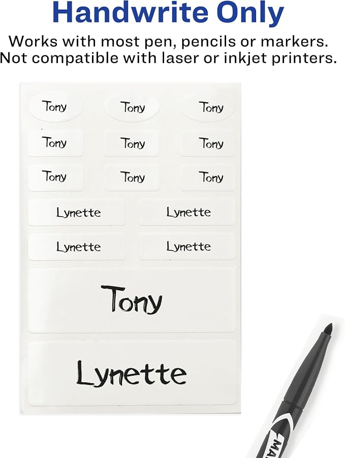 AVERY No-Iron Fabric Labels, White | Washer and Dryer-Safe | Non-Printable | Assorted Shapes | 90 Labels, Pack of 18