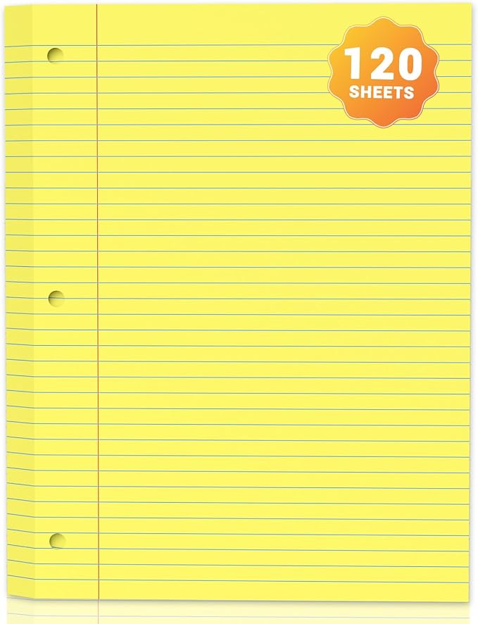 120 Sheets Yellow 8x10.5 Inch Loose Leaf Paper, College Ruled Filler Paper, 3 Hole Punched Notebook Paper for 3 Ring Binder, Premium Notebooks Paper for Students & Teachers, Office & School Supplies