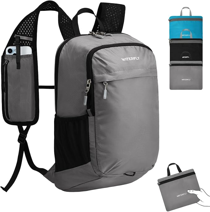WATERFLY Small Packable Travel Backpack: 15L Lightweight Hiking Daypack | 0.59 lb,Water-Resistant Nylon,Breathable Straps,Reflective Strips,Phone Pocket,Multi-Pockets,Hiking,Cycling,Commute,Men Women