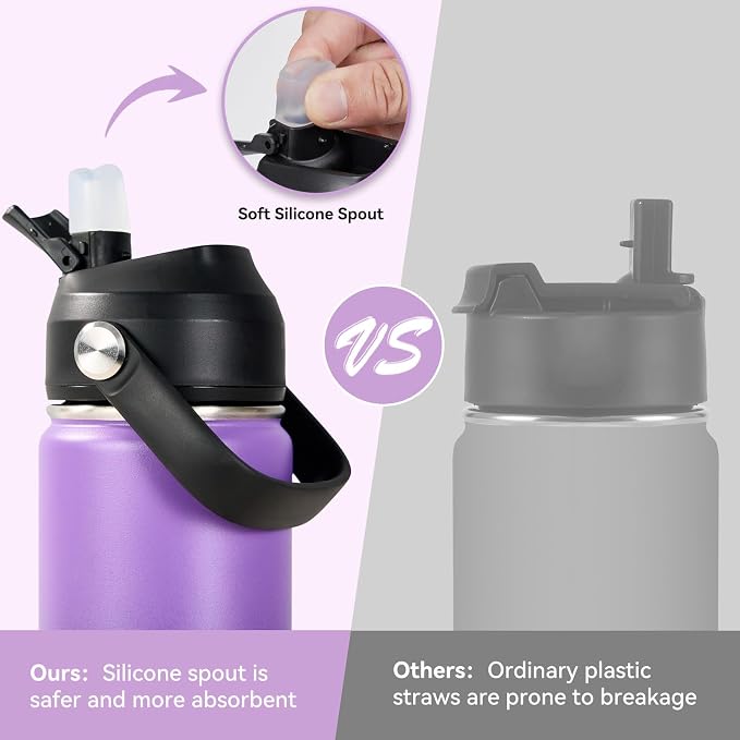 Fijinhom 24oz Insulated Stainless Steel Water Bottle, Wide Mouth Double Wall Vacuum, Silicone Straw, Sweat & Leak Proof, BPA Free Insulated Water Flask for Travel, Purple & Black