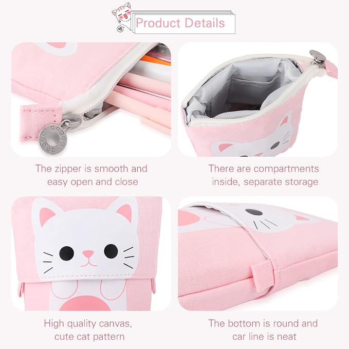 iSuperb Standing Pencil Pouch Pencil Case Cute Cat Telescopic with Zipper Canvas Kwaii Cartoon Pencil Bag Stationery Box for Kids Girls Boys School Supplies 7.5 x 4.9 x 3.0inch/4.1x 3.0inch