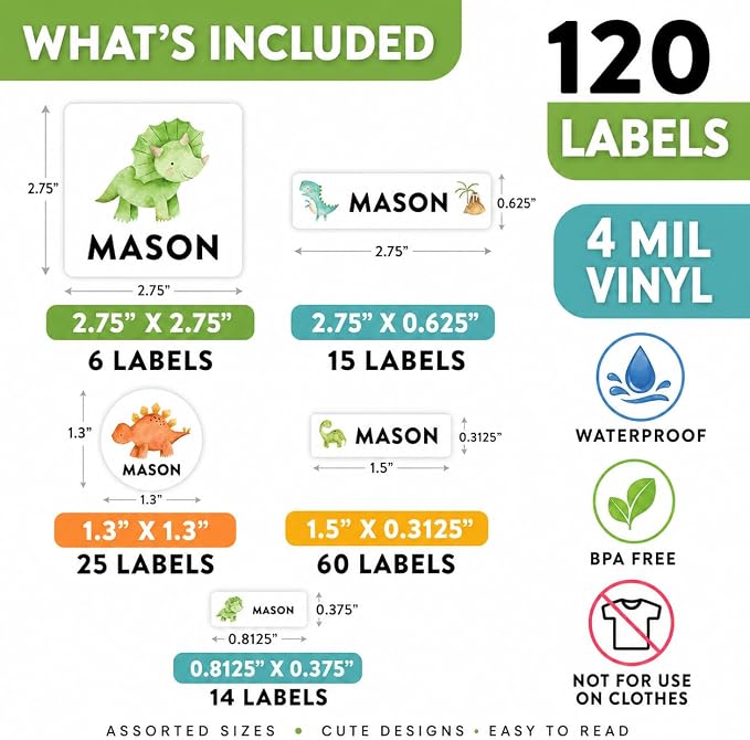 Andaz Press Custom Personalized Waterproof School Name Labels, Dinosaurs, 120-Pack, Kids Labels Combo Pack, Customizable Multi-Use Name Stickers for Preschool, Daycare, Back to School Supplies