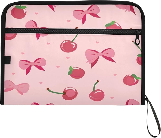 Pink Bows Cherries Pattern 13 Pocket File Organizer Expanding File Folder with Front Pouch Portable Business File Storage Document Organizer Folder with Zipper
