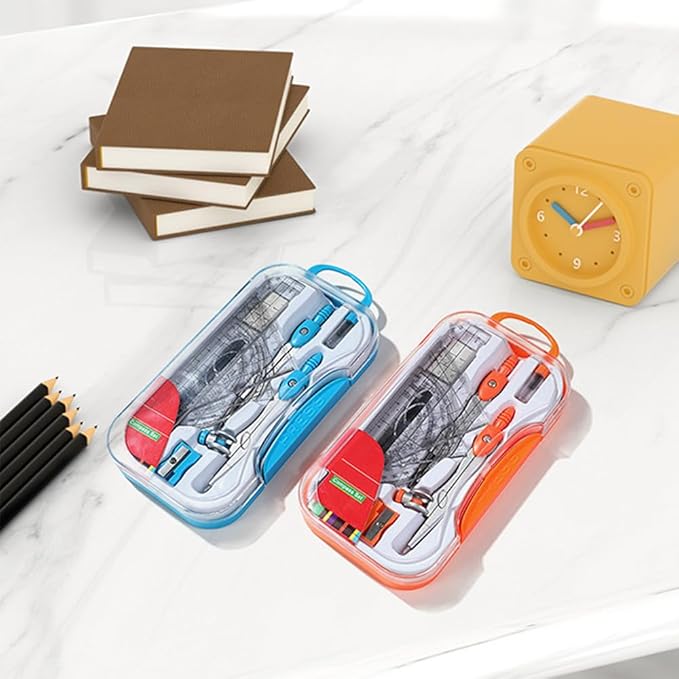 10Pcs Geometry Set, Math Geometry Kit with Metal Compass, Protractor, Ruler, Eraser & Pencil Sharpener, Drawing Tools for Engineering, Drafting (Orange)