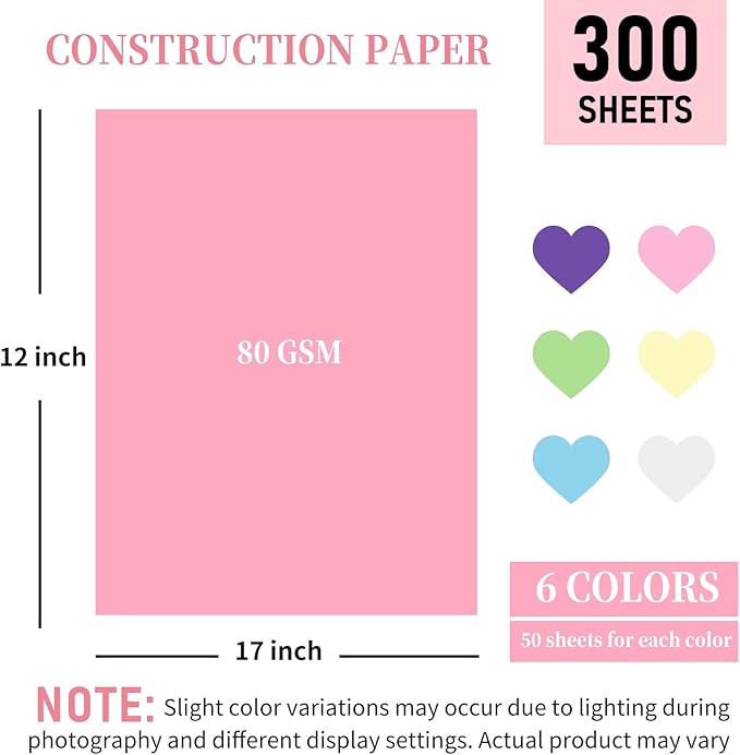 300 Sheets Colored Construction Paper for Art Craft Drawing 12"x 17.3", 80gsm Colored Craft Paper Medium Weight for Arts Party