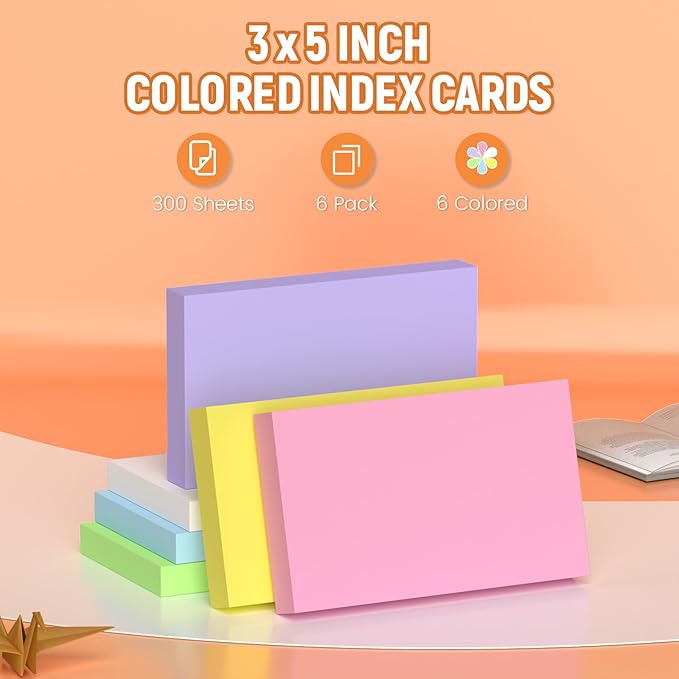 300 Count Blank Colored Index Cards 3 x 5 Inch, Blank Flash Cards for Back to School,home and Office Supply, Portable Colorful Study Flashcards Ideal for To-do Lists, Grocery Lists, Recipes and Exams