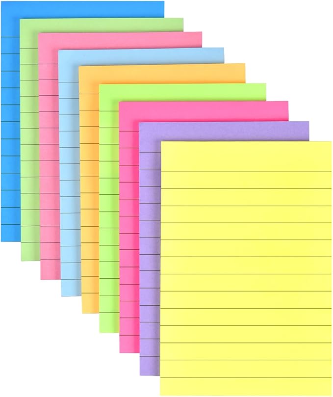 9 Pack Lined Sticky Notes 4x6 in Bright Colors Self-Stick Note Pads with Lines, 9 Colors Bulk Sticky Memo Pad for School, Office, Meeting