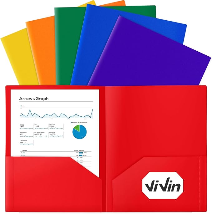ViVin 6-Pack Plastic Folders with Pockets, Poly Folder with 2 Pockets, Assorted Folders Hold US Letter Size Paper for School/Office/Home