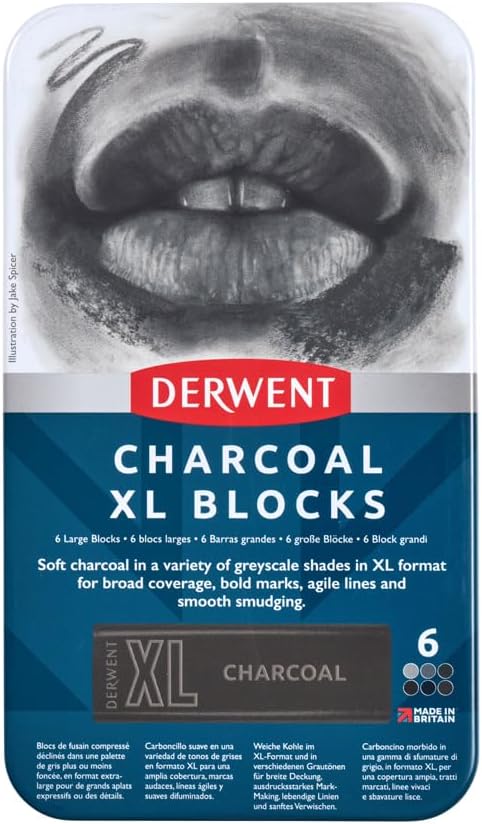 Derwent Charcoal XL Blocks 6 Tin, Set of 6, 60mm Extra-Large Block, Naturally Water-soluble, Ideal for Sketching, Drawing and Expressive Mark Making, Professional Quality (2306196)
