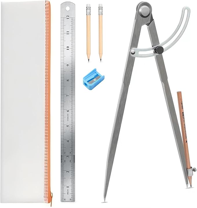 Pencil Compass 12 inch, Precision Woodworking Compass with Wing Divider and Pencil Holder, Metal Compass Ideal for Geometry Drafting and Technical Drawing, Engineering and More