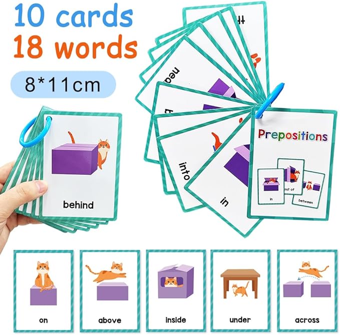 Lachilly Prepositions Flashcards: English Words, High Frequency, Beginning Reading, Kindergarten, Autism, Vocabulary Building, 10 Cards 18 Words