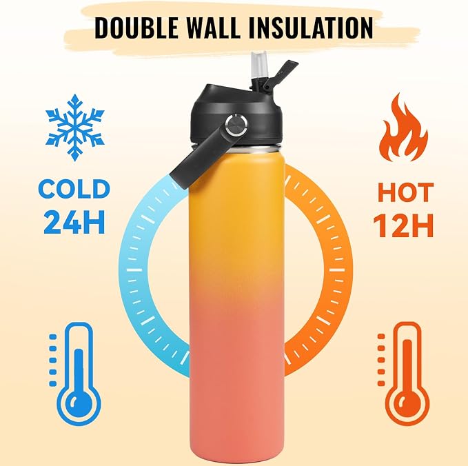 Fijinhom 24oz Insulated Stainless Steel Water Bottle, Wide Mouth Double Wall Vacuum, Silicone Straw, Sweat & Leak Proof, BPA Free Insulated Water Flask for Travel, Keep Cold 24h Hot 12h, Orange