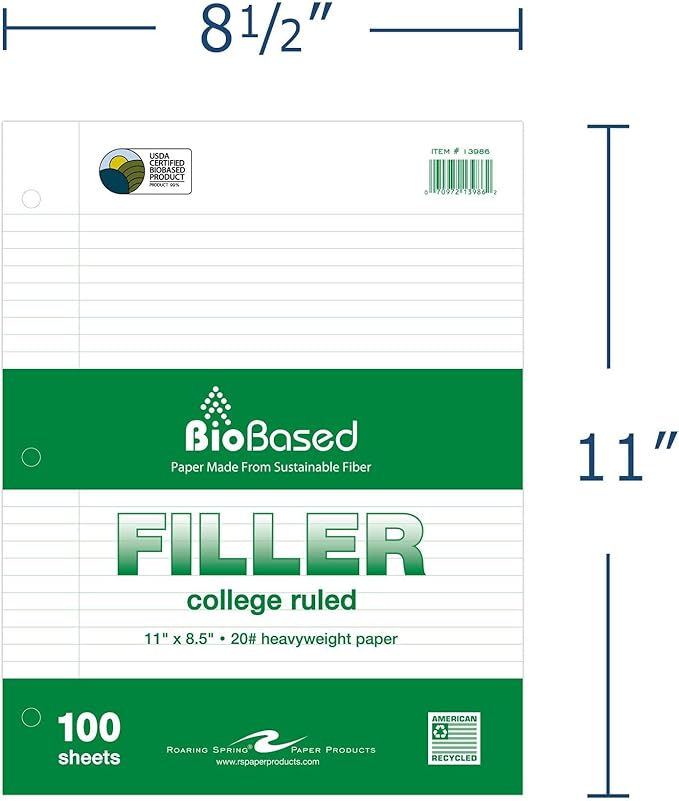Roaring Spring Biobase Filler Paper, 8.5"x11", 100 Sheets Per Package of 20# White Paper 3-Hole Punched, College Ruled W/Margin (Pack of 24)