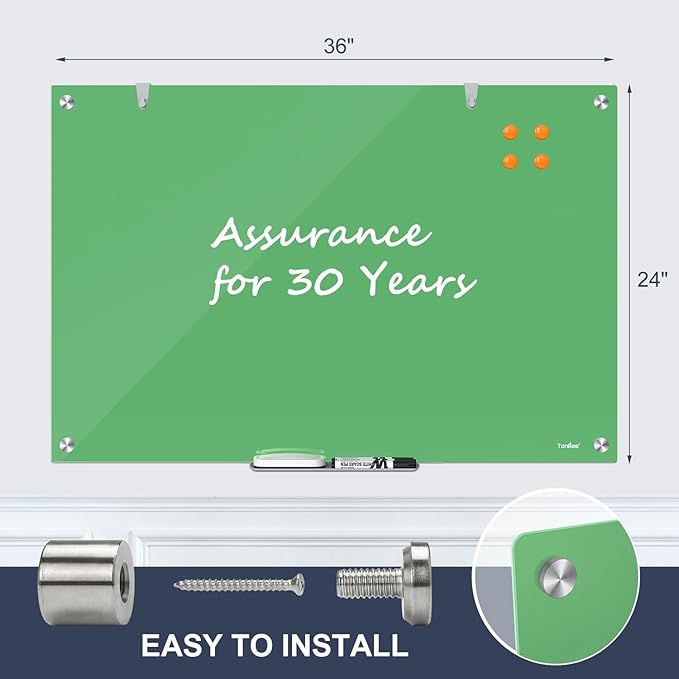 Glass White Board 36x24 Inches Magnetic Glass Dry Erase Board, Large Whiteboard for Wall Office School Classroom Home, 3x2 Feet Green Whiteboard Wall Mounted