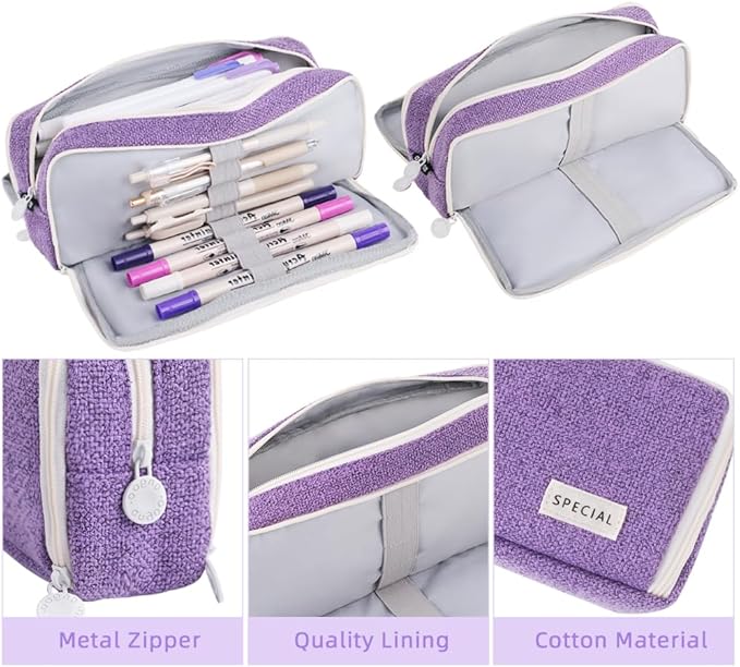 iSuperb Large Pencil Pouch 3 Compartments Pencil Case Big Capacity Pencil Bag for Kids Teen Girls Boys Student School Supplies Pen Organizer Holder Bag (Purple)