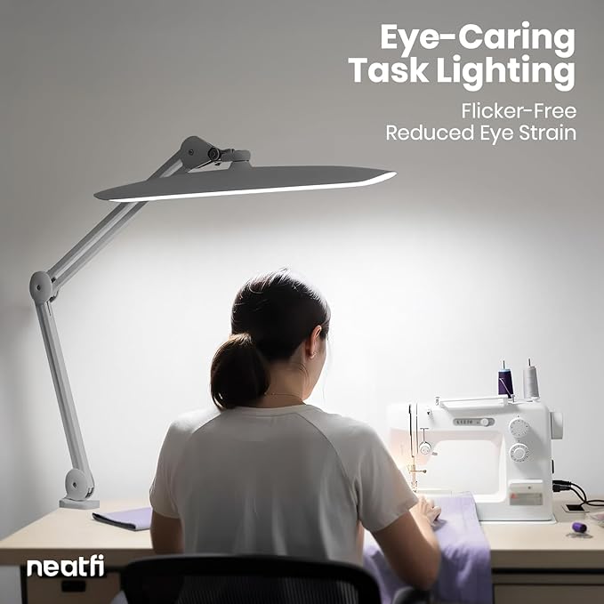 Neatfi XL 2200 Lumens 24W LED Desk Lamp – Shadow-Free Task Lighting | 4-Level Dimming | Home Office & Crafts Use | 20-Inch Wide Head (Silver, Non-CCT with Clamp)