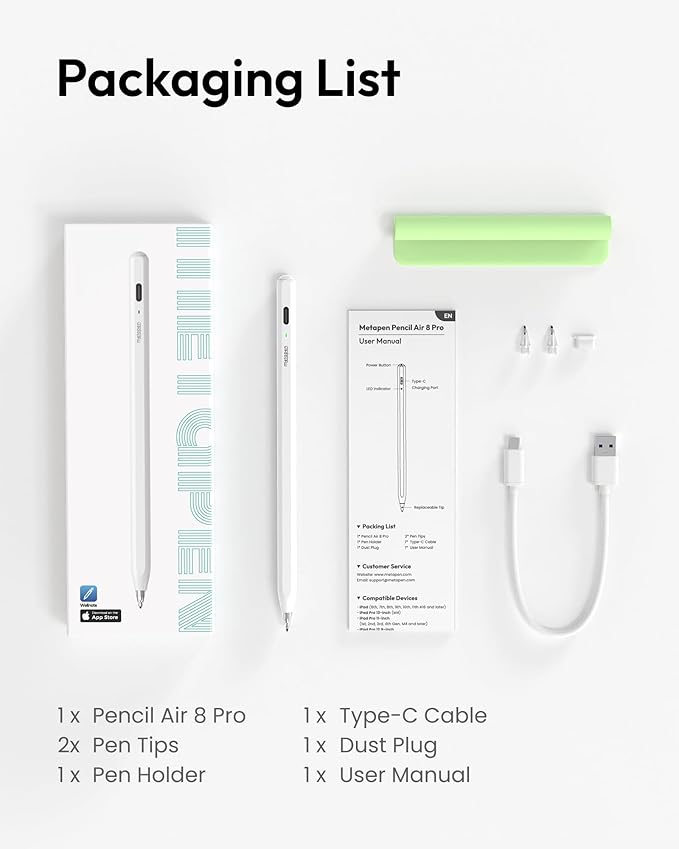 Metapen Pencil Air8 Pro for iPad 2018-2026, Ultra-Quiet, 2X Fast Charging, Palm Rejection Stylus Pen for iPad a16/11/10/9/8/7/6th Gen, Pro 12.9/11/13-inch M4, Air 3/4/5/M2/M3/M4, Mini 5/6th