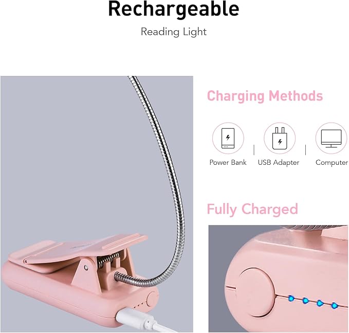 VAVOFO Rechargeable Book Light, Blue Light Blocking, Amber 1600K Clip On Reading Light, Eye Care 7 LEDs Kids Book Light for Reading in Bed with Power Indicator for Bookworms (Pink)