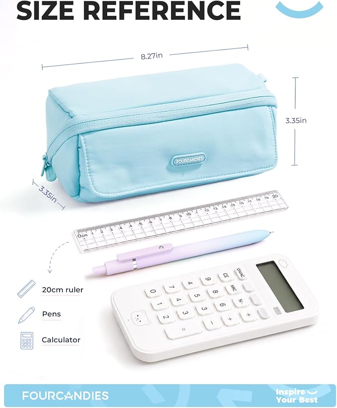 Four Candies Large Pencil Case, 5 Compartments Pen Organize | Big Capacity Pencil Pouch Bag for School Supplies, Portable Stationery Holder for Teen Girls Boy Men Women (Blue Plus)