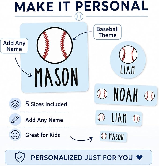 Andaz Press Custom Personalized Waterproof School Name Labels, Baseball, 120-Pack, Kids Labels Combo Pack, Customizable Multi-Use Name Stickers Personalized School Supplies Camp Stickers Daycare